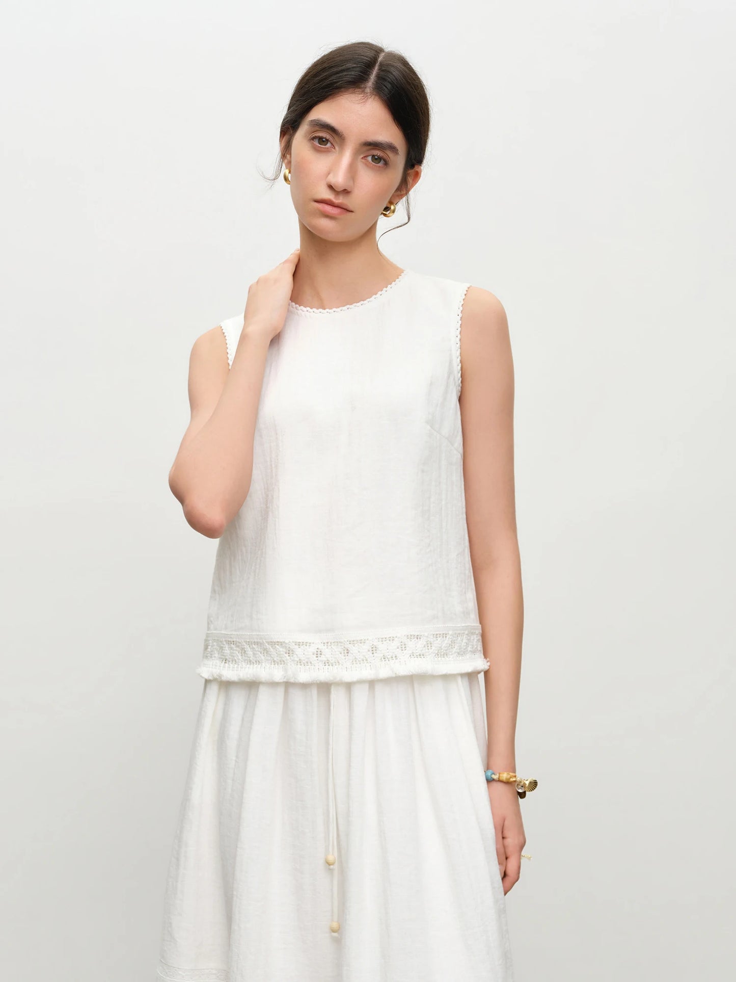 White O-Neck Midi Skirt Set