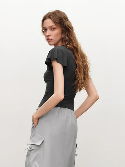 Pale Blue V-Neck Ruffle Tee