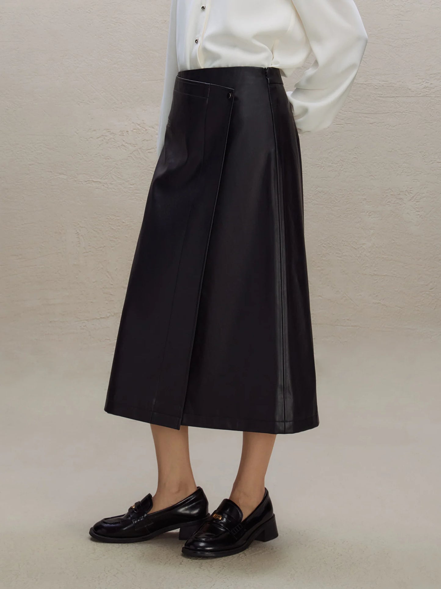 Black Faux Leather Wrap Skirt