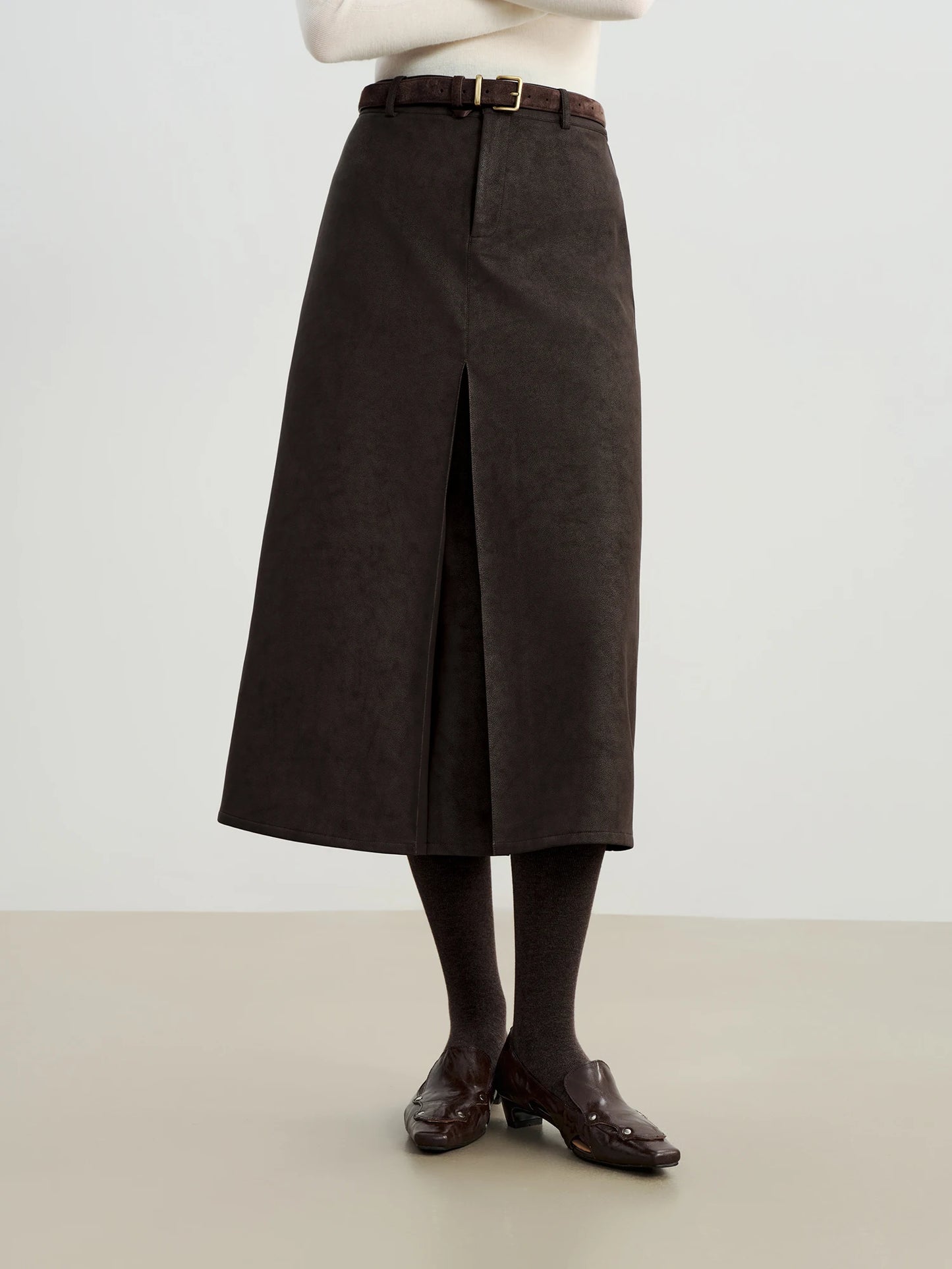 Brown Faux Leather Slit Skirt