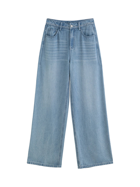 Light Blue Embroidered Wide Leg Jeans