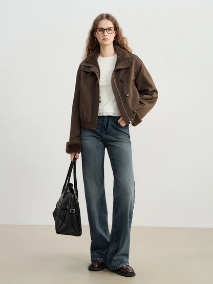 Brown Fur Trim Bomber Jacket