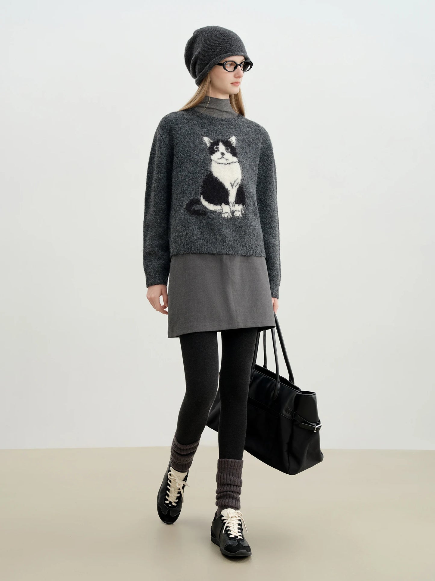 Charcoal Cat Jacquard Crew Sweater