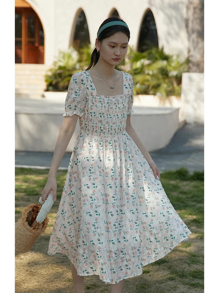 Blue Floral Square Neck Dress