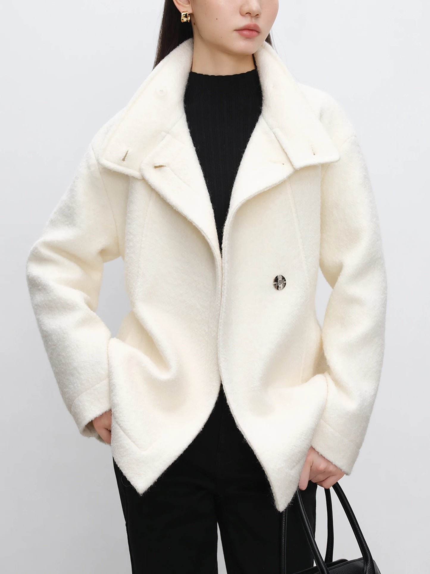 Ivory Belted Stand Collar Coat