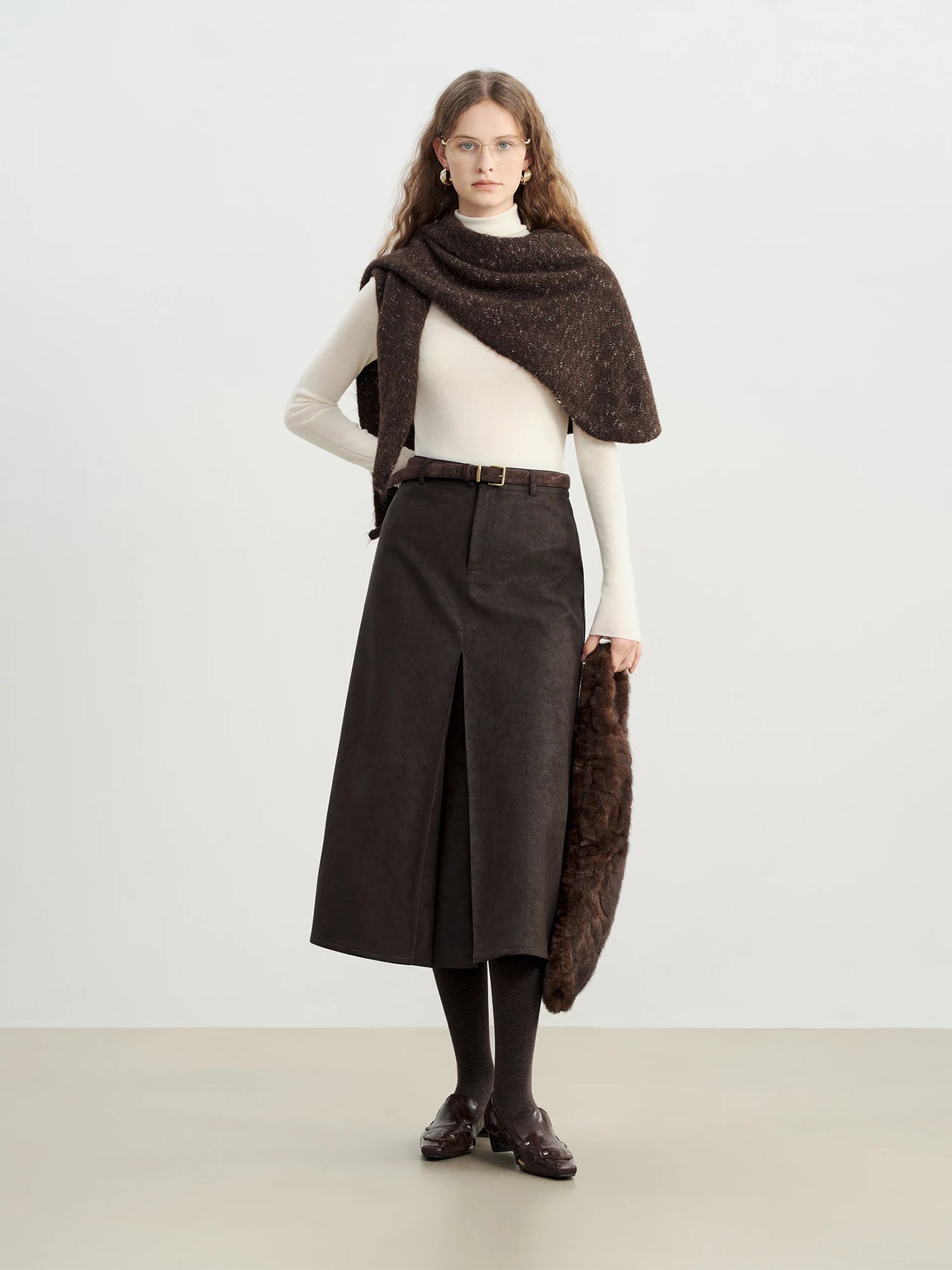 Brown Faux Leather Slit Skirt