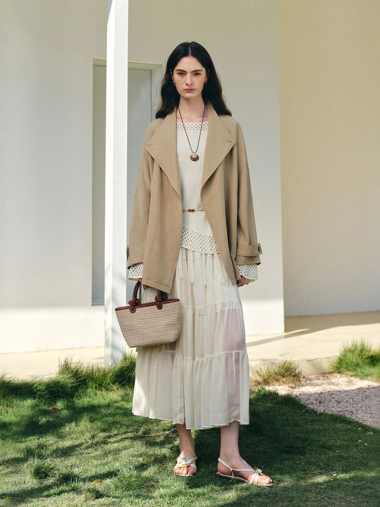Textured Smocked Tiered Midi Skirt