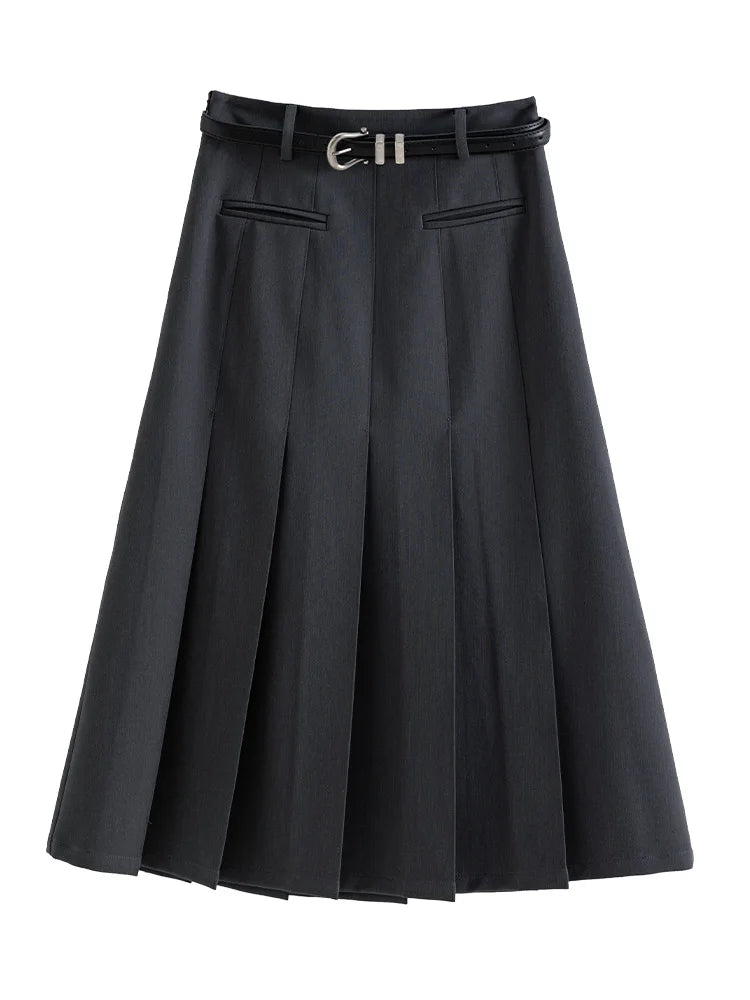 Solid High Waist Pleated Midi Skirt