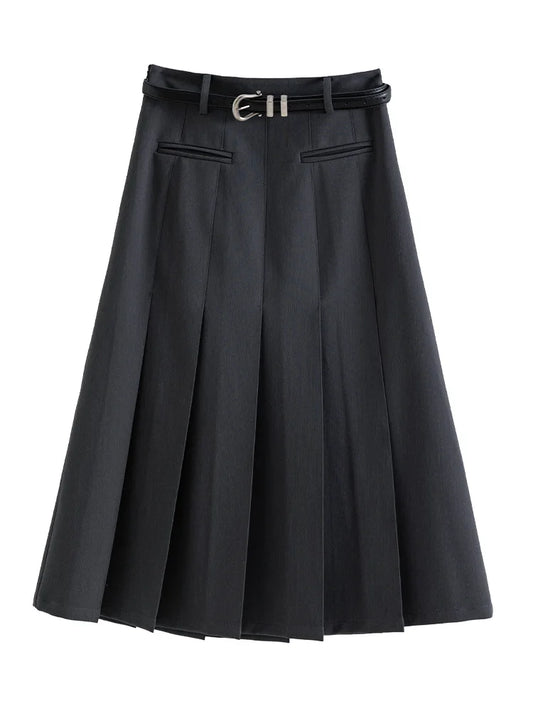 Solid High Waist Pleated Midi Skirt