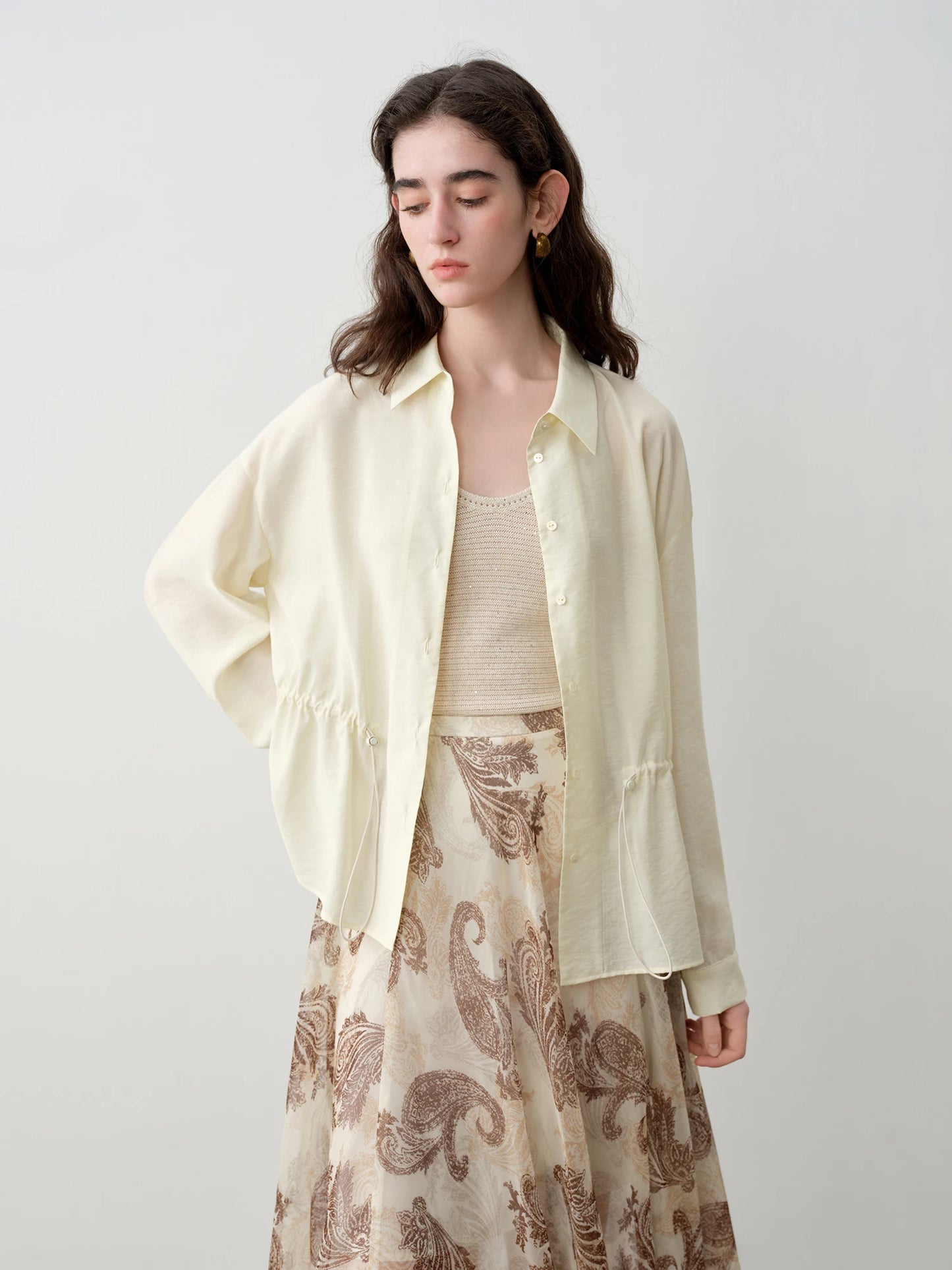 Taupe Gathered Waist Button Shirt