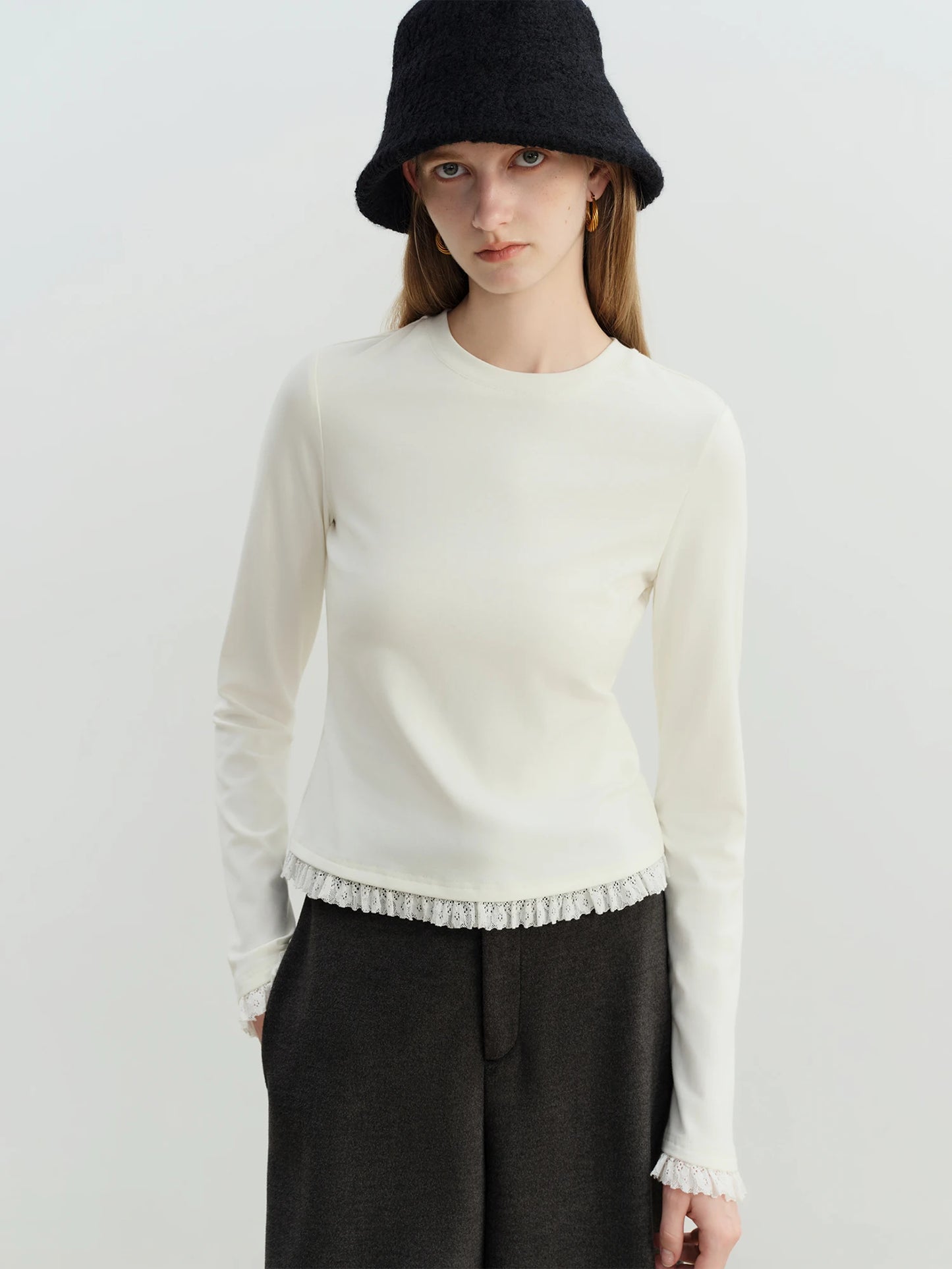 Ivory Lace Trim Long Sleeve Top