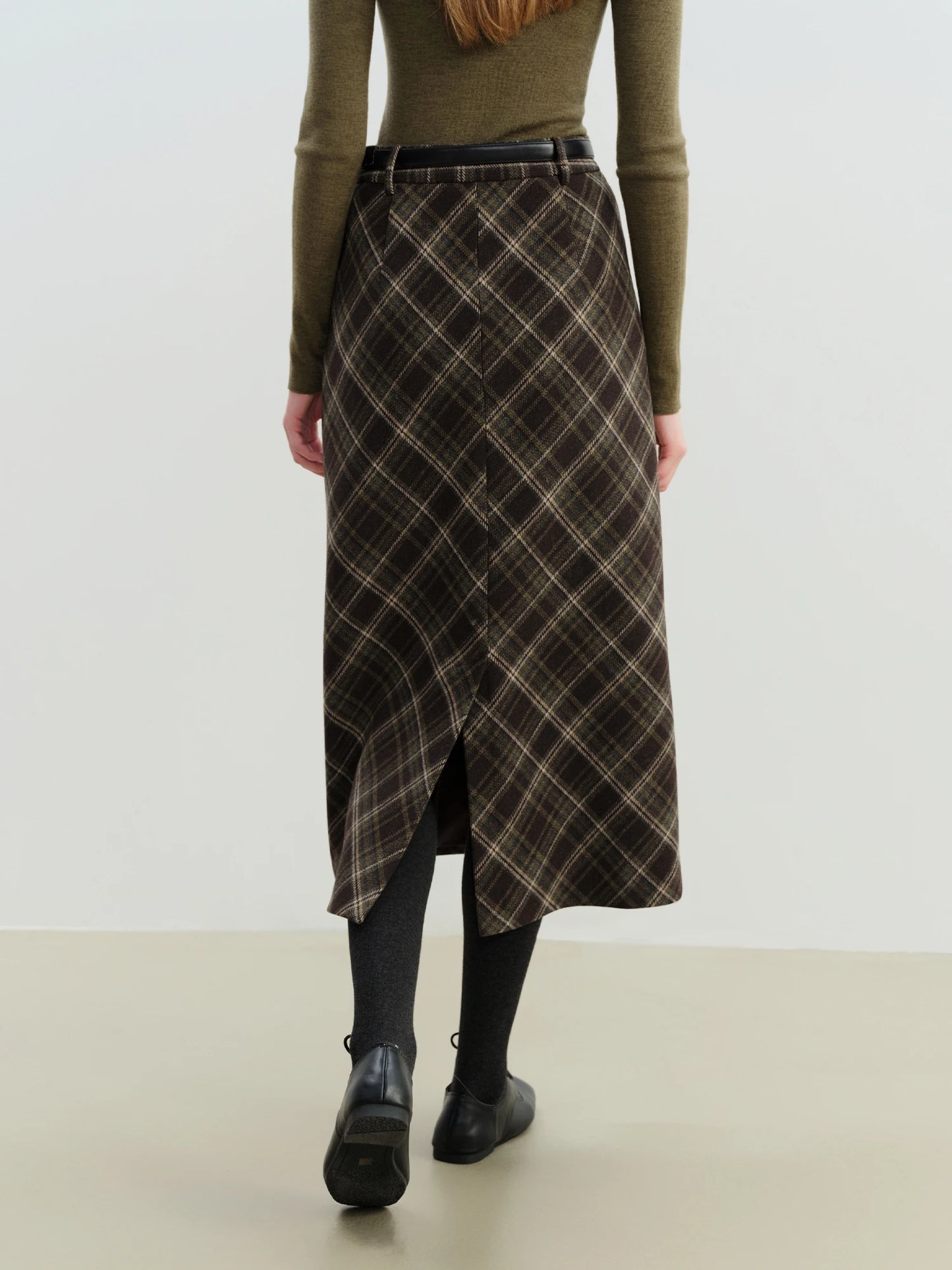 Plaid Wool Blend Straight Midi Skirt