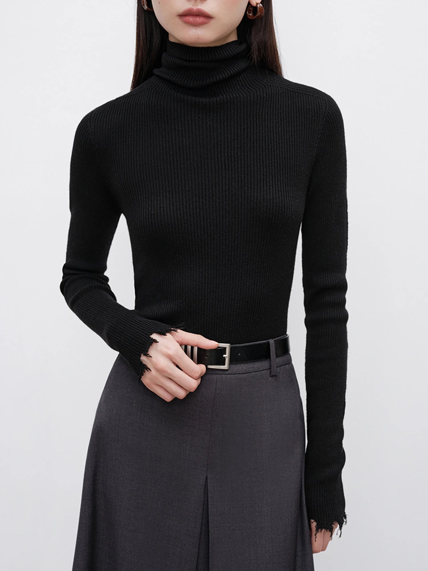 Ribbed Mock Neck Fringe Sweater