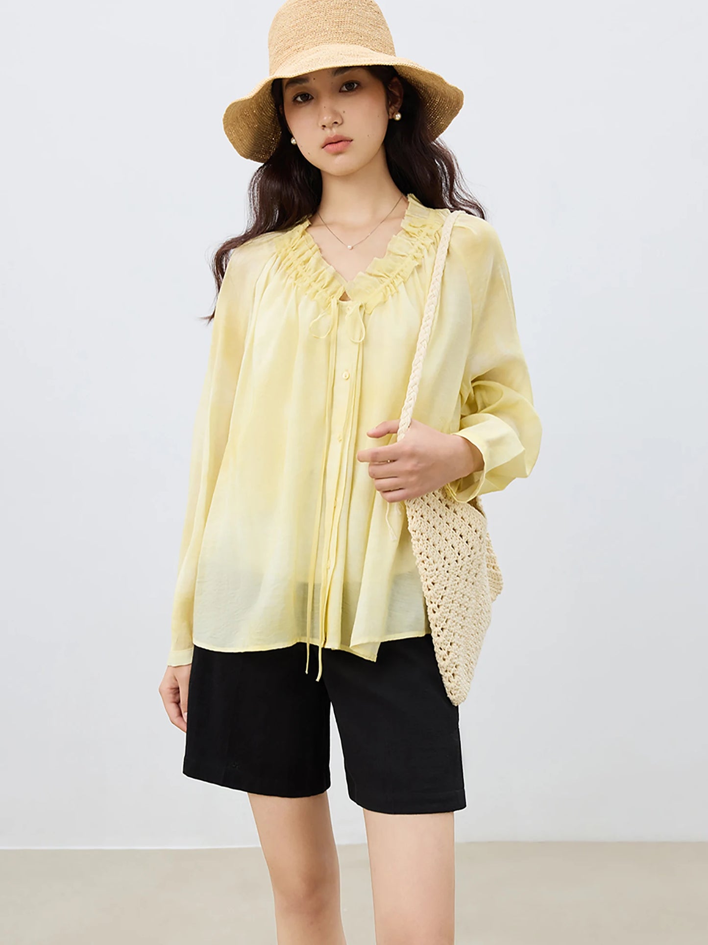 Yellow Floral Chiffon Tie Blouse