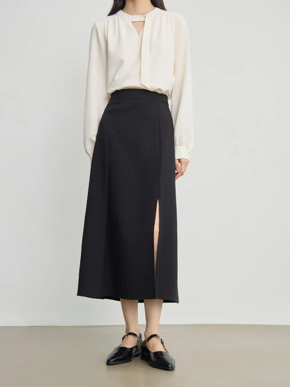 Black Asymmetric Slit Midi Skirt