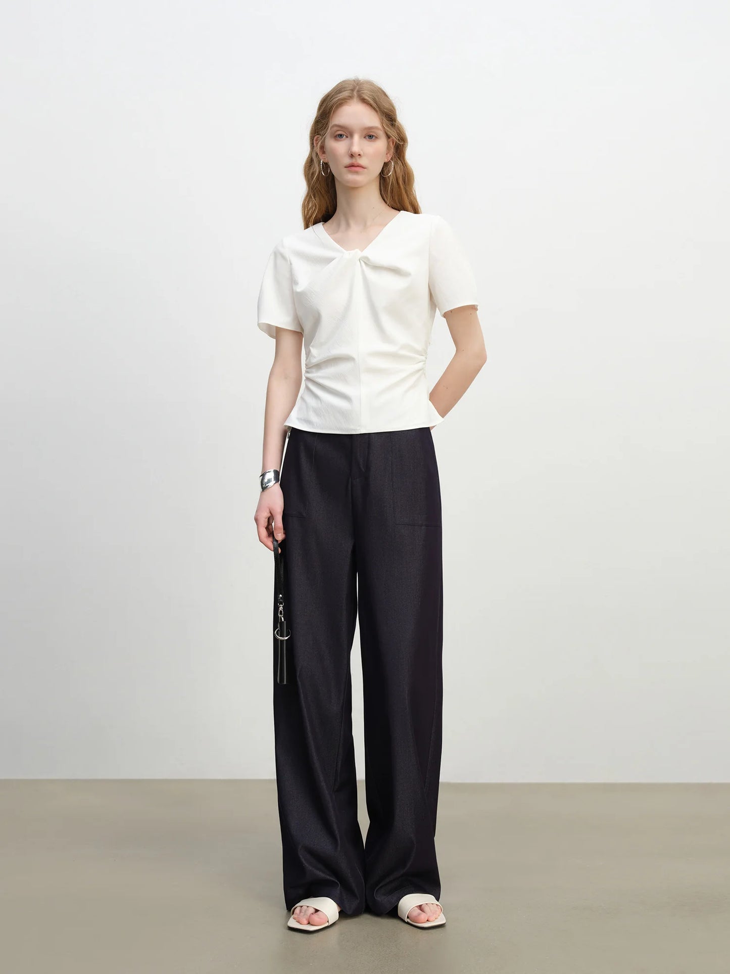 Navy Textured Wide Leg Pants