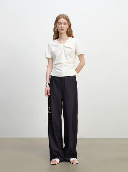 Navy Textured Wide Leg Pants