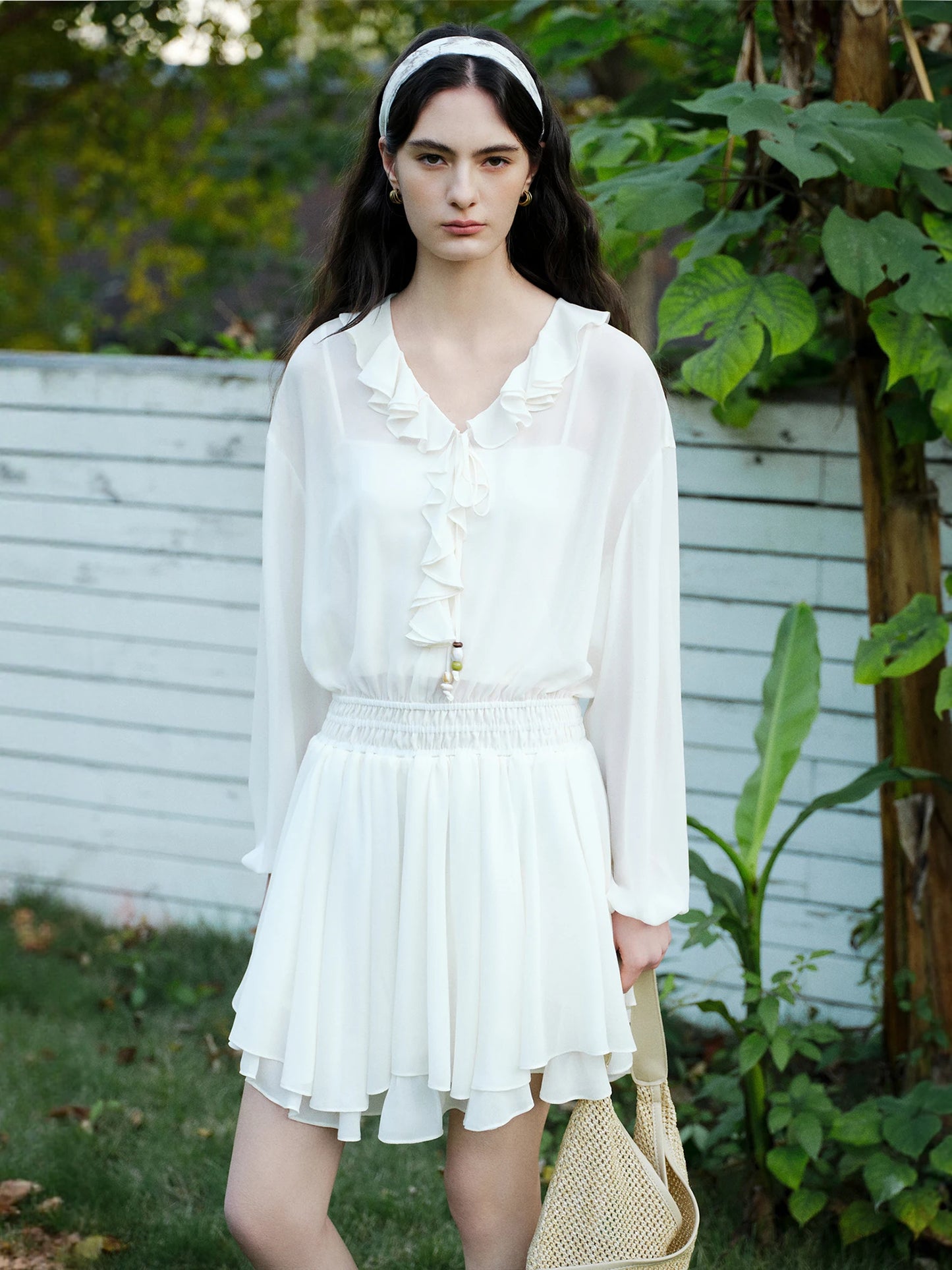 Ivory Ruffle Beaded Mini Dress