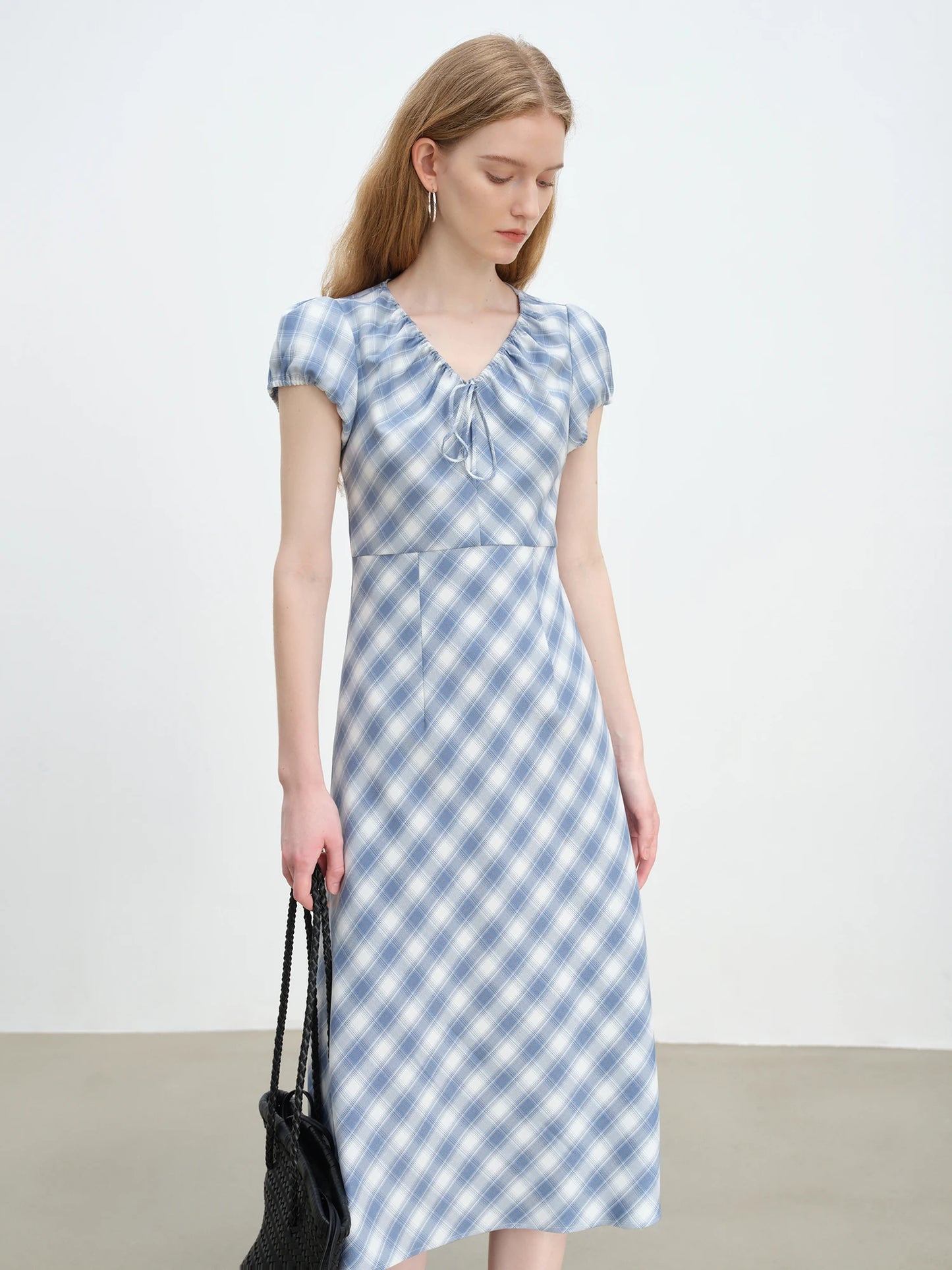 Blue Gingham Tie Collar Dress