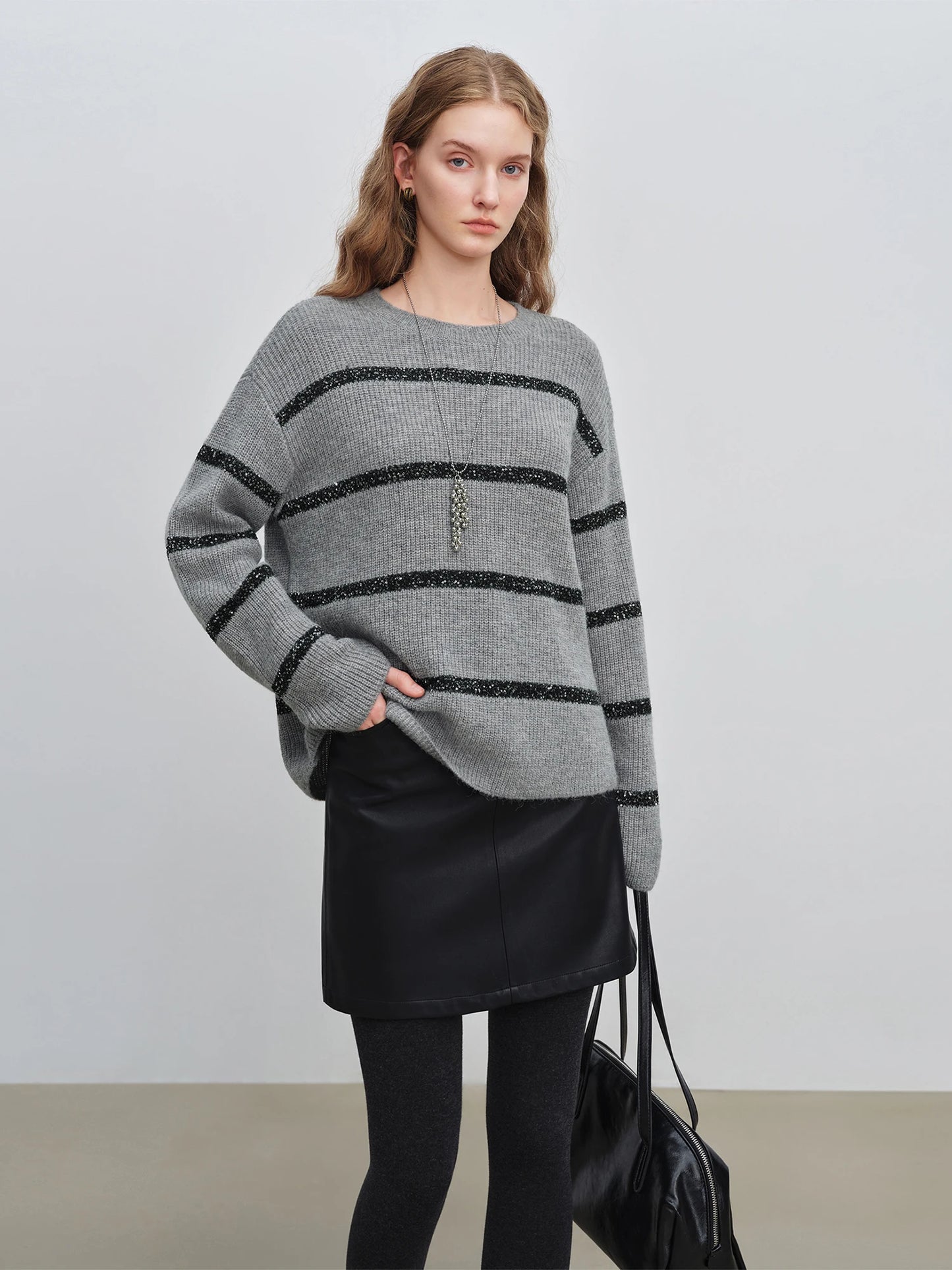 Cream Striped Crew Neck Sweater