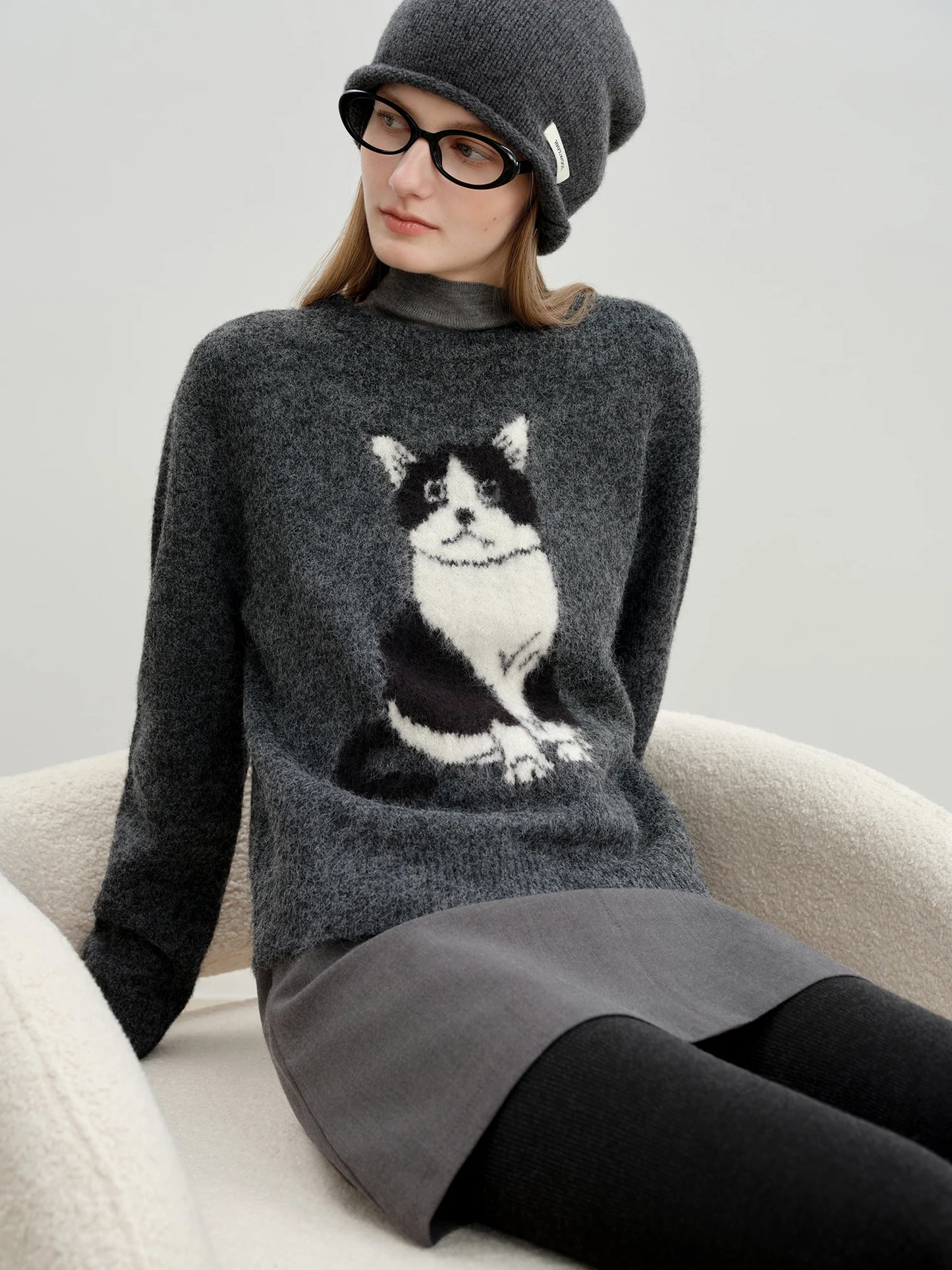 Charcoal Cat Jacquard Crew Sweater
