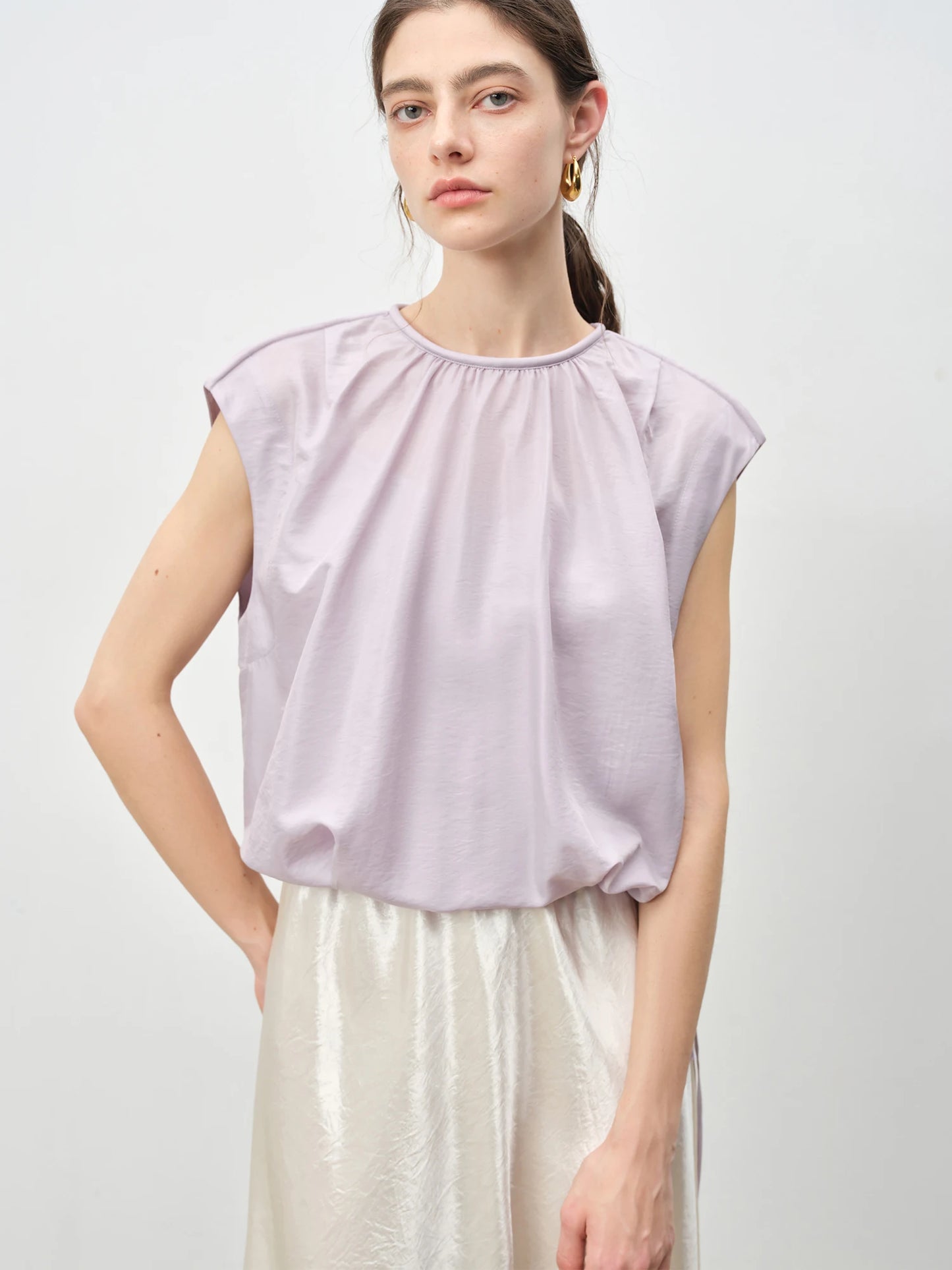 Lavender Gathered Neck Sleeveless Blouse