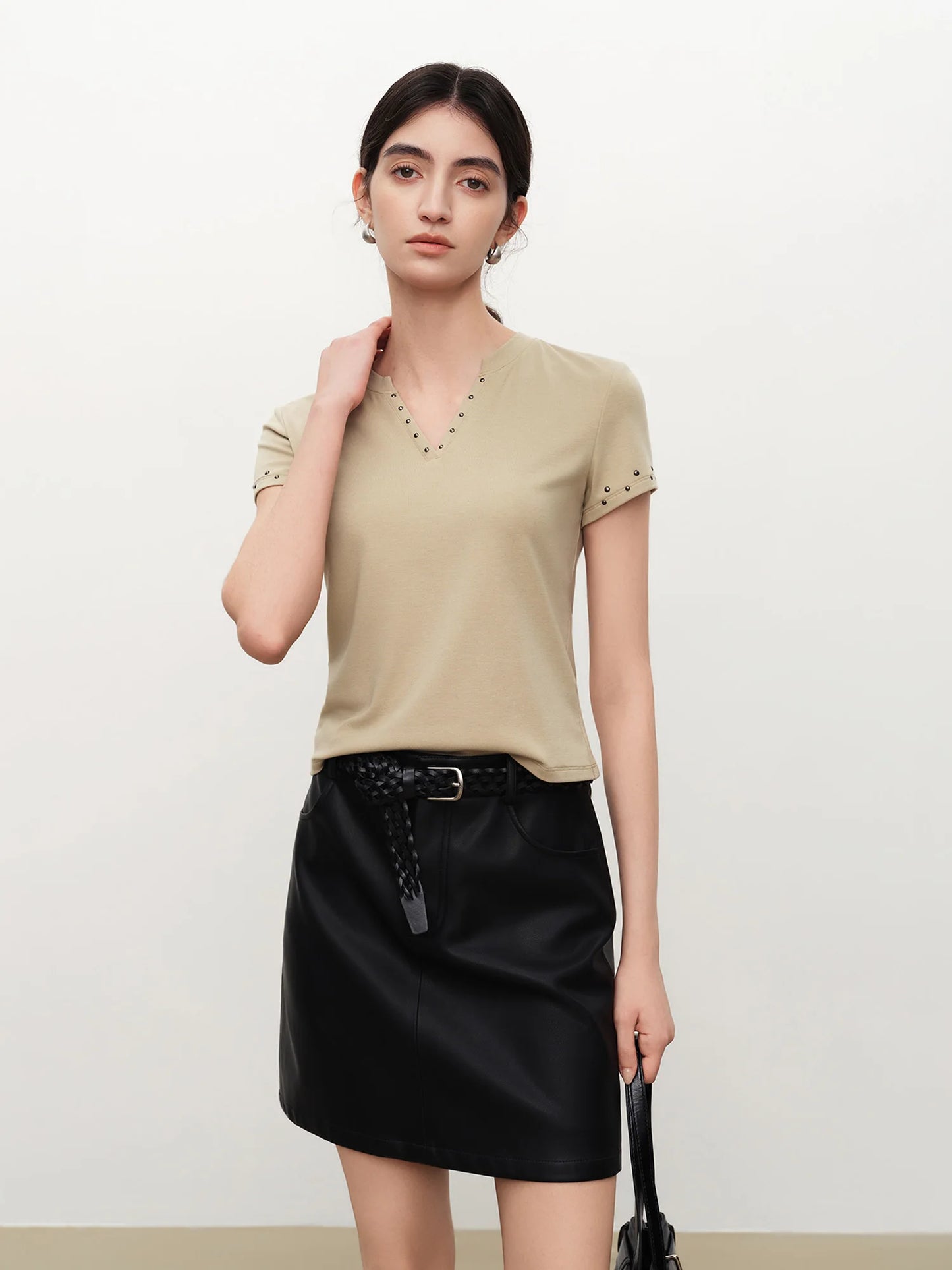 Brown Studded V-Neck Tee