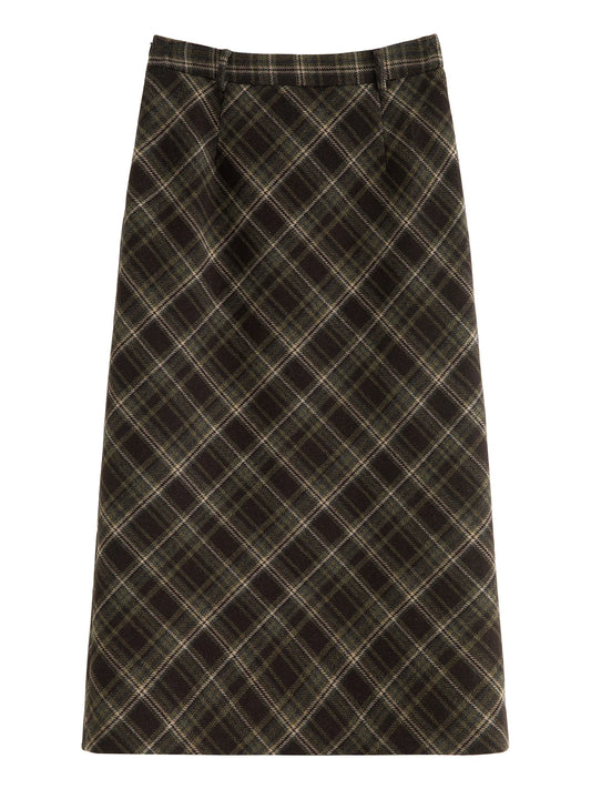 Plaid Wool Blend Straight Midi Skirt