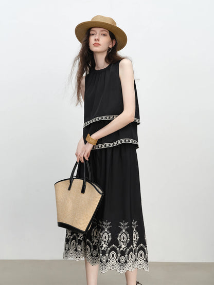 Black Embroidered Tank Skirt Set