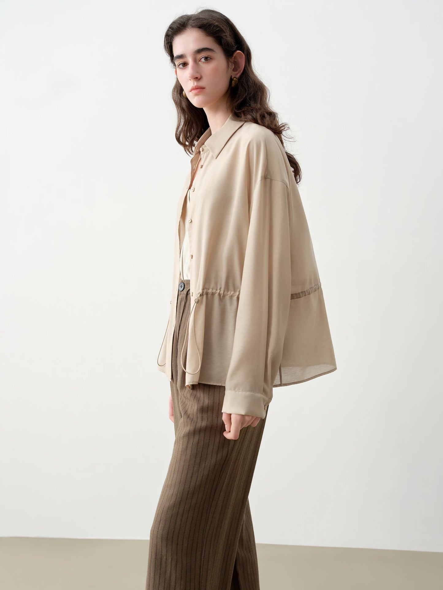 Taupe Gathered Waist Button Shirt
