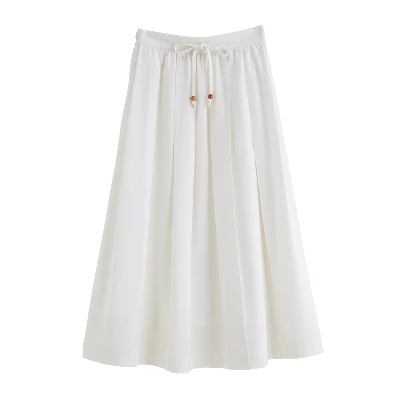 White Beaded Drawstring Pleated Skirt