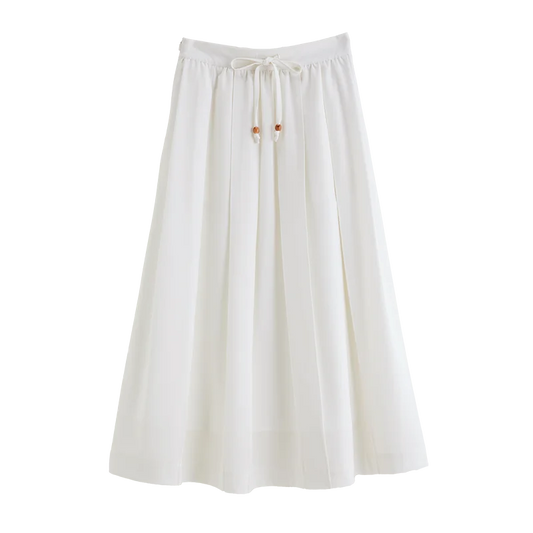 White Beaded Drawstring Pleated Skirt