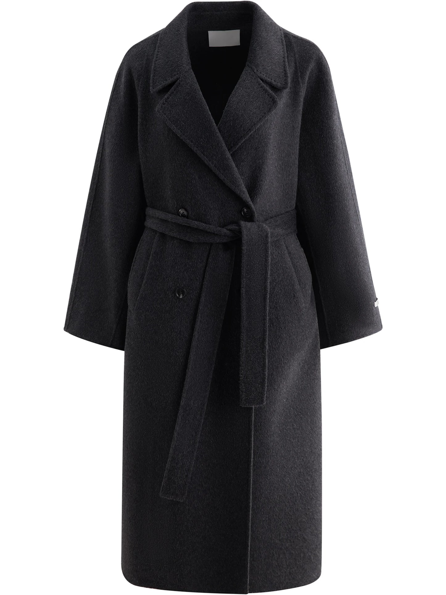 Black Belted Lapel Wool Coat