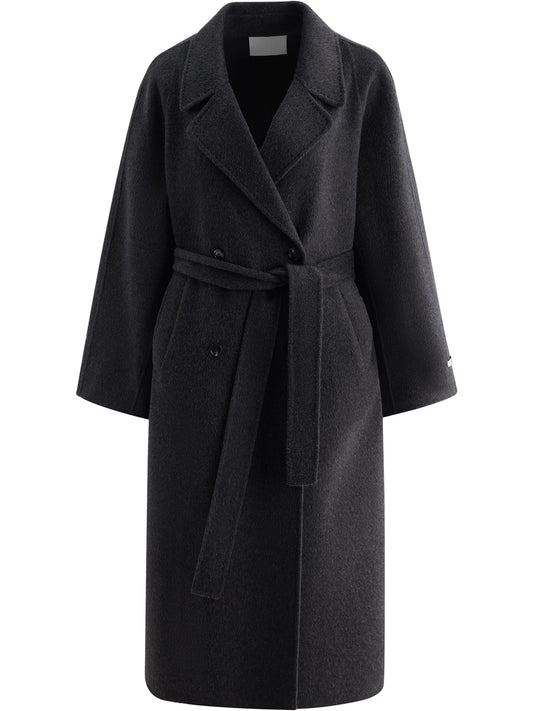 Black Belted Lapel Wool Coat