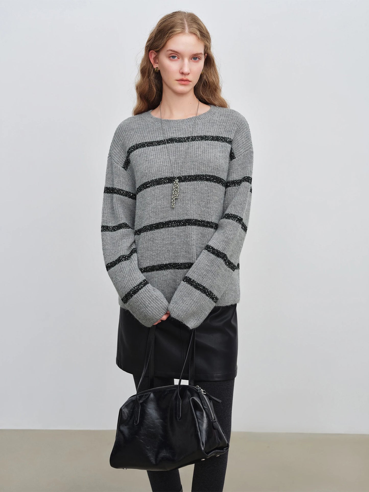 Cream Striped Crew Neck Sweater