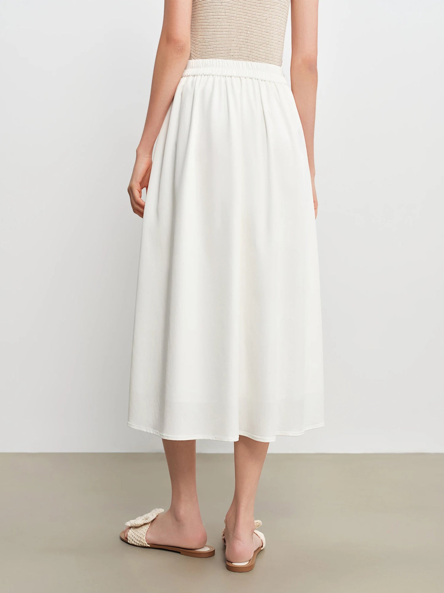White Structured Pleated Midi Skirt