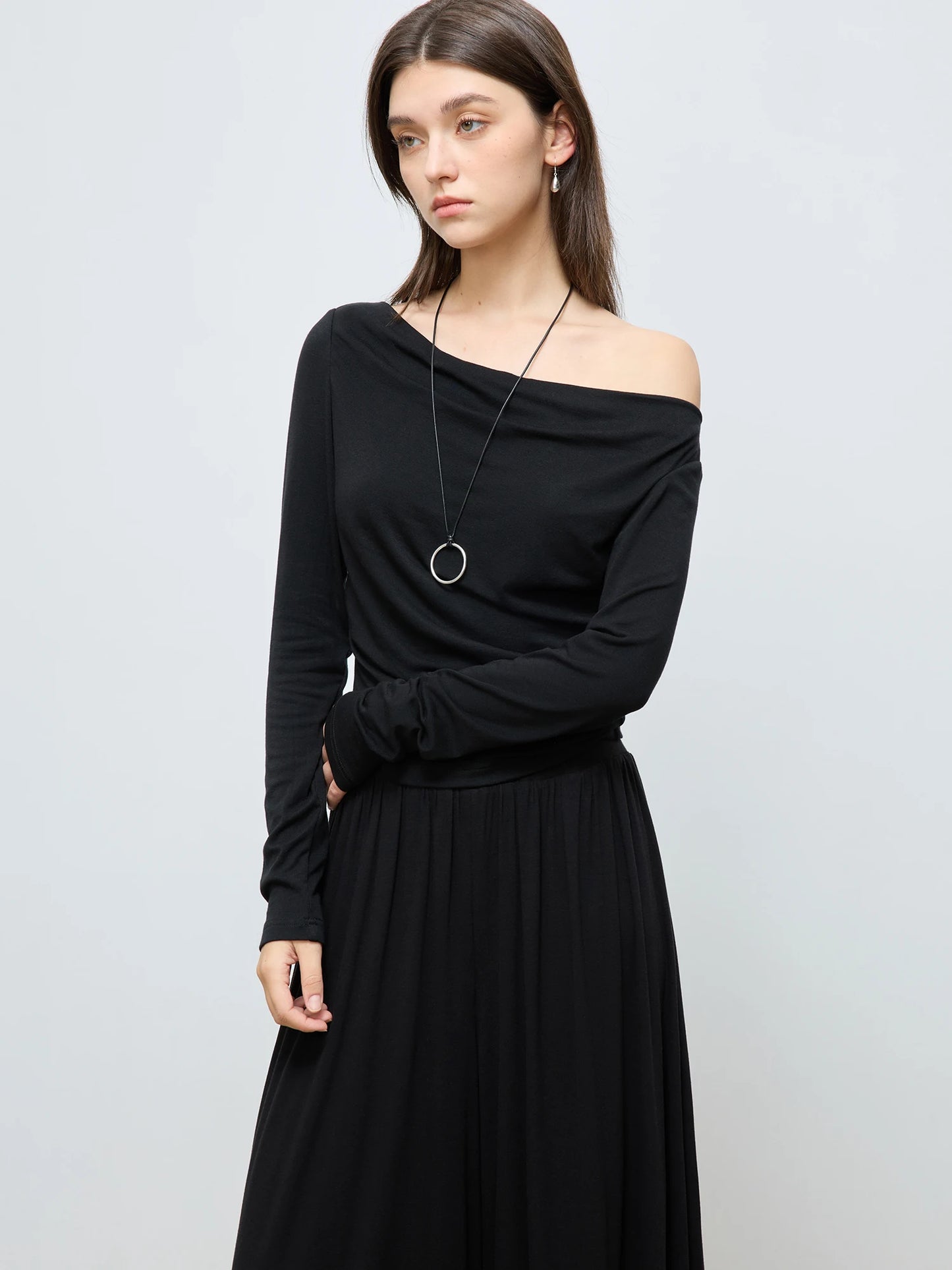 Black Wool Blend Long Sleeve Top