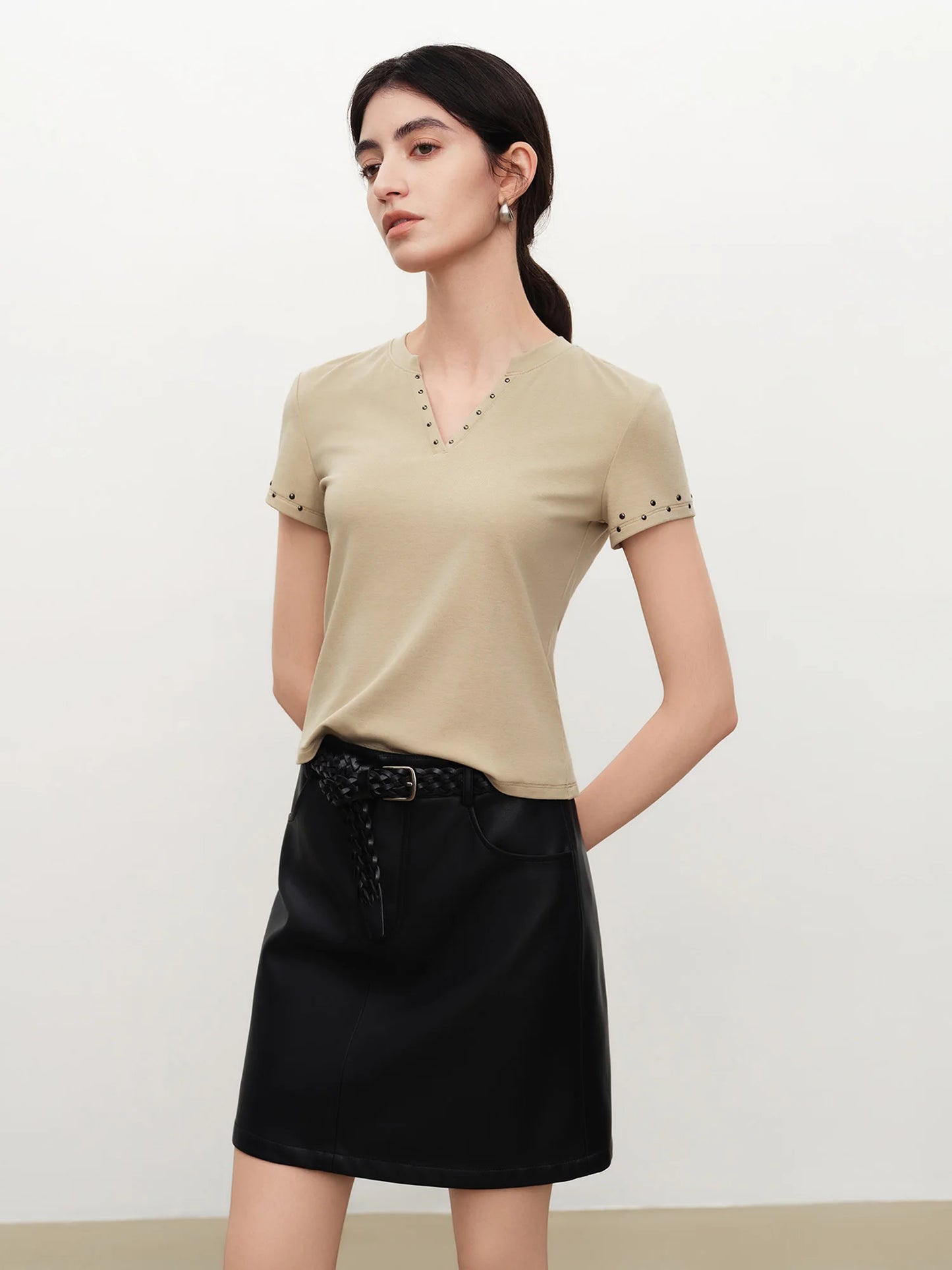 Brown Studded V-Neck Tee