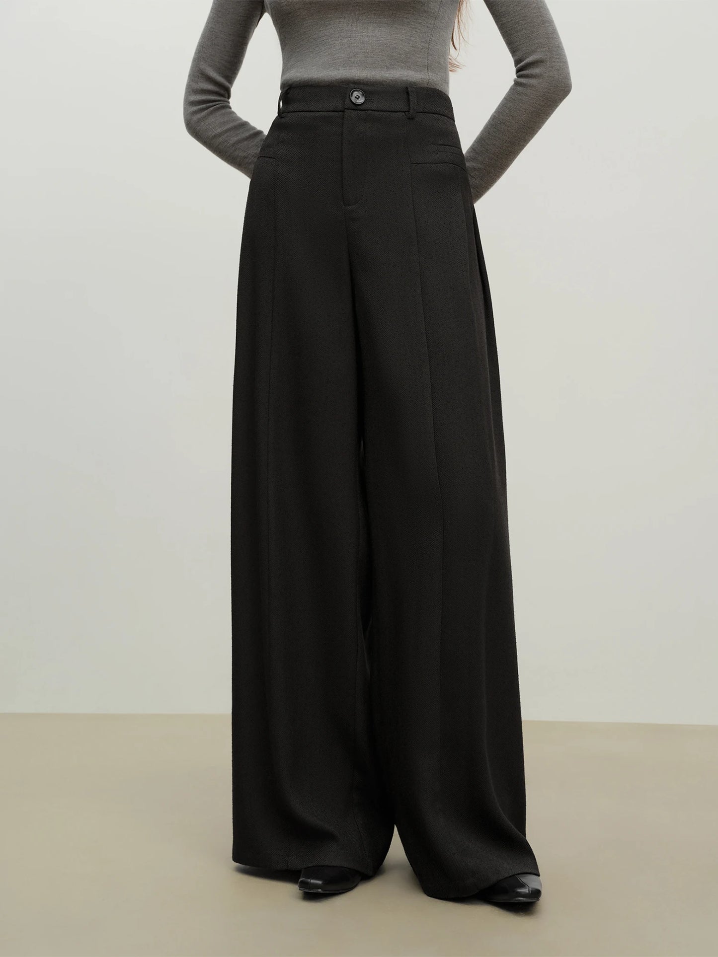 Herringbone Pleated Wide Leg Trousers