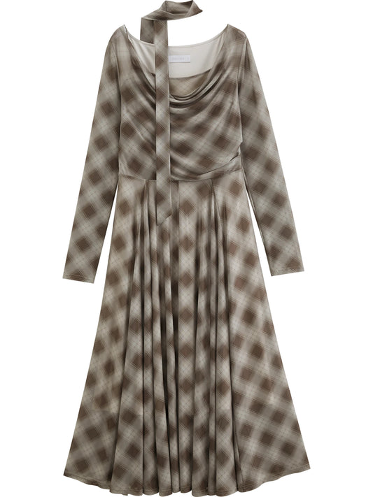 Plaid Cowl Neck Midi Dress