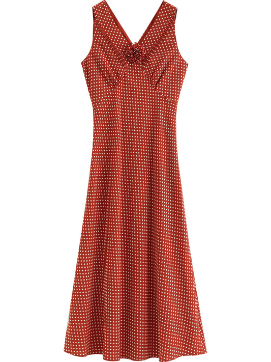 Red Embroidered Sleeveless Midi Dress
