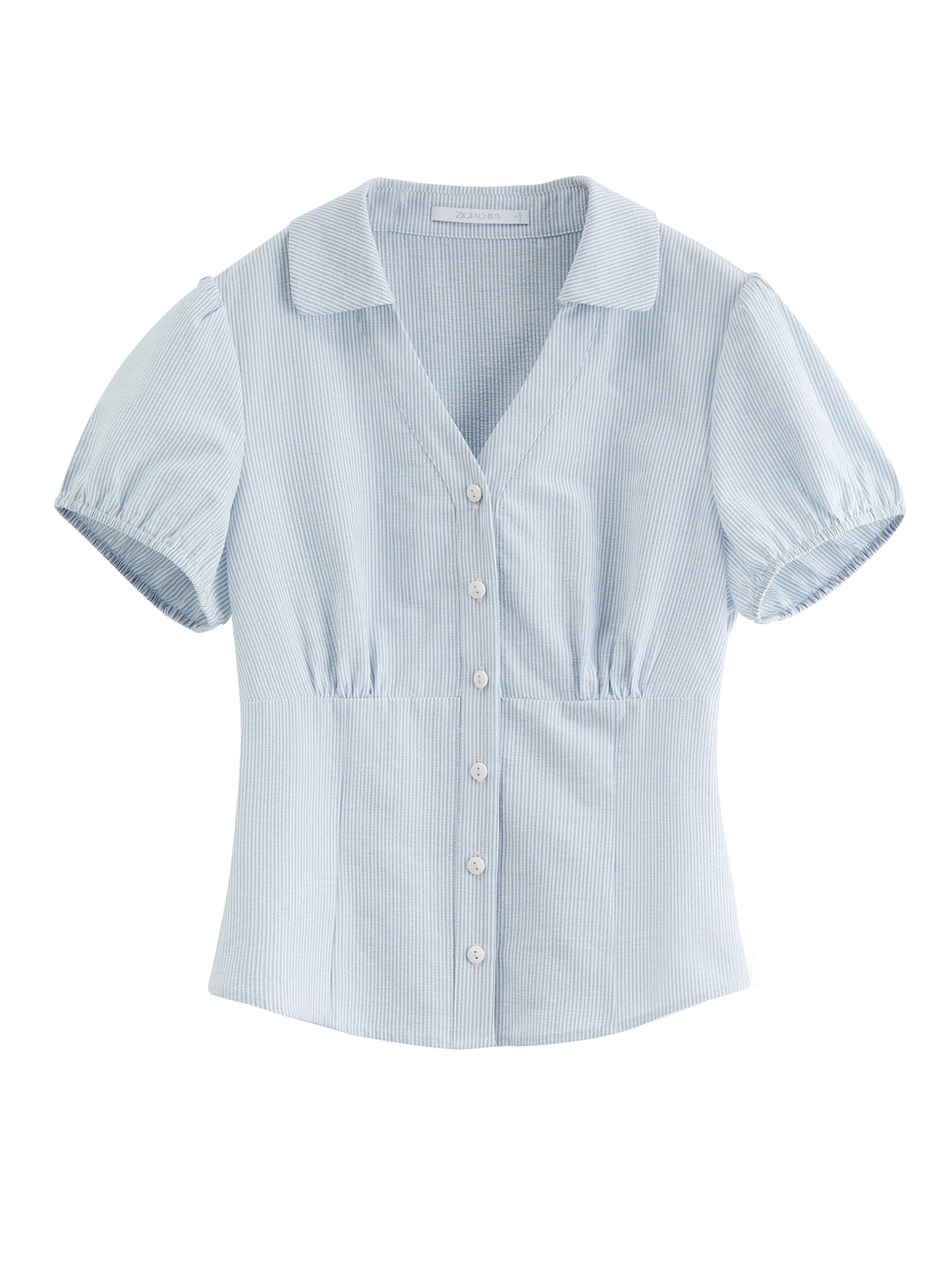 Pale Blue Puff Sleeve Button Shirt