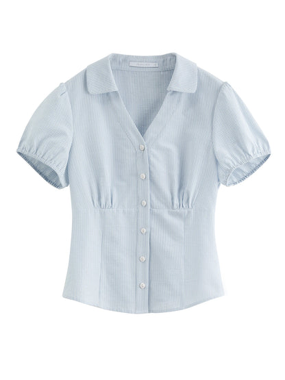 Pale Blue Puff Sleeve Button Shirt