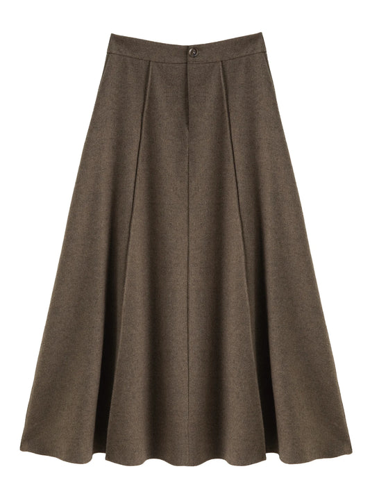 Taupe Wool Pleated Flared Midi Skirt