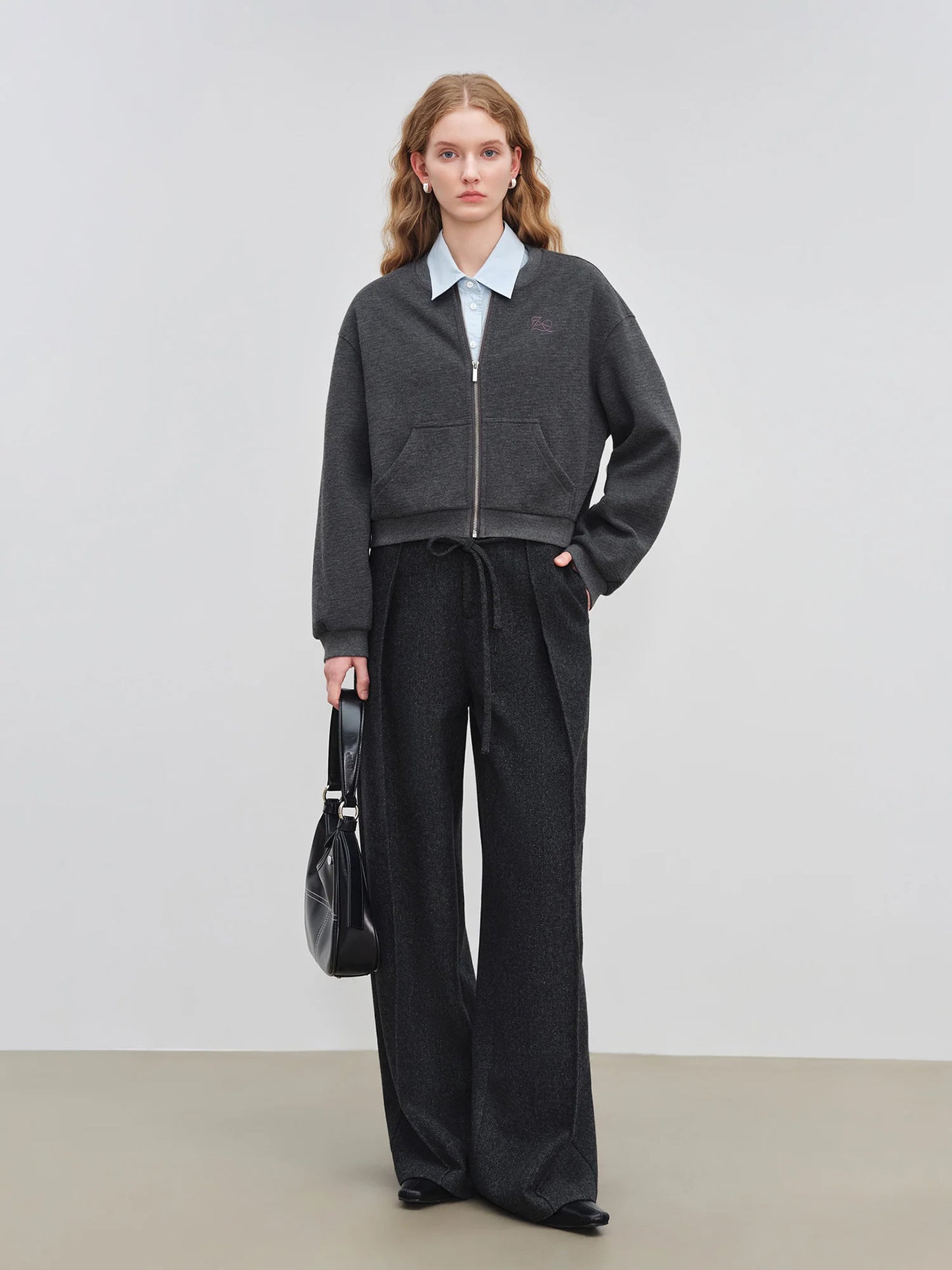 Charcoal Wool Drawstring Wide Pants