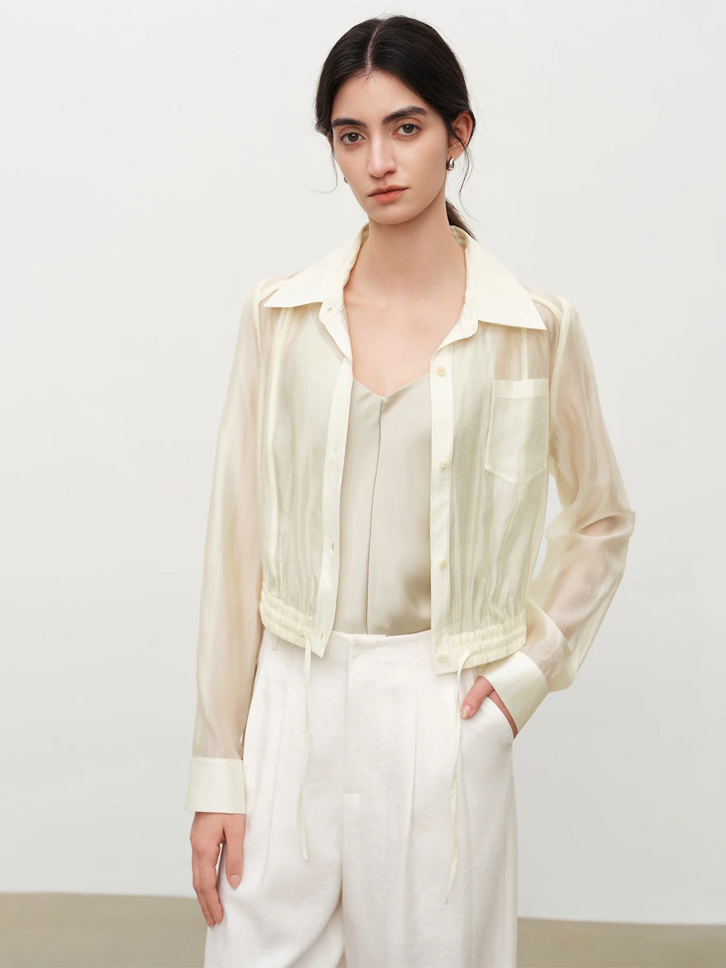 Ivory Drawstring Hem Button Shirt