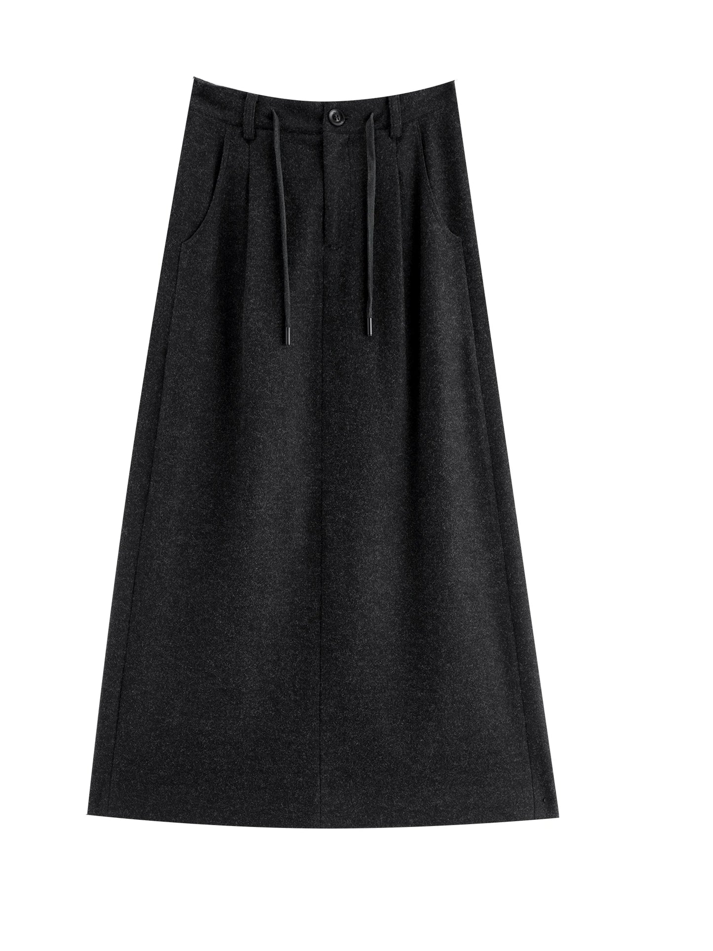 Charcoal Wool Drawstring Midi Skirt