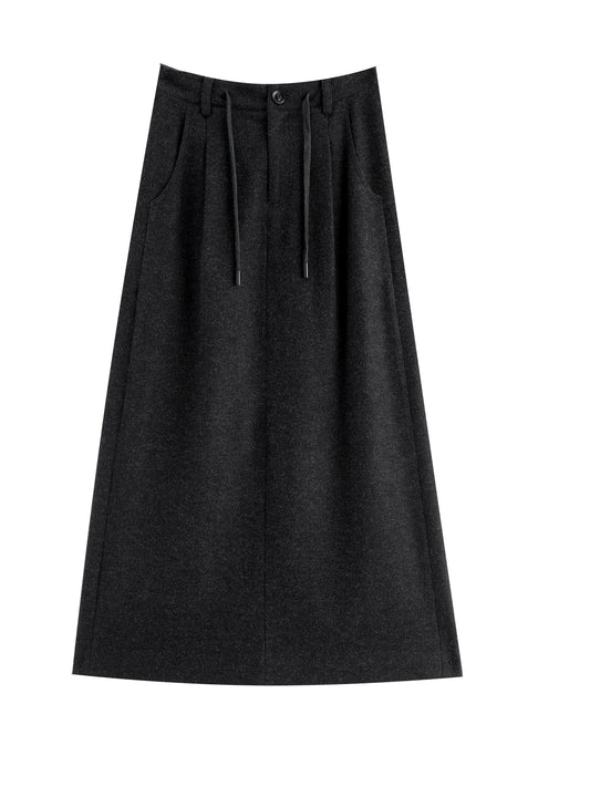 Charcoal Wool Drawstring Midi Skirt