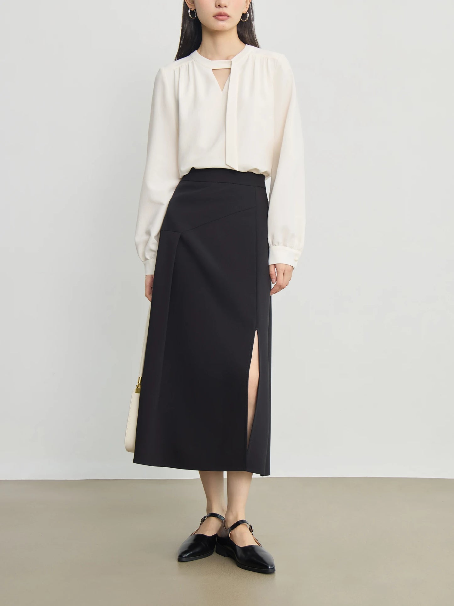 Black Asymmetric Slit Midi Skirt