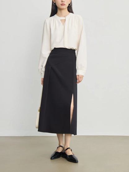Black Asymmetric Slit Midi Skirt